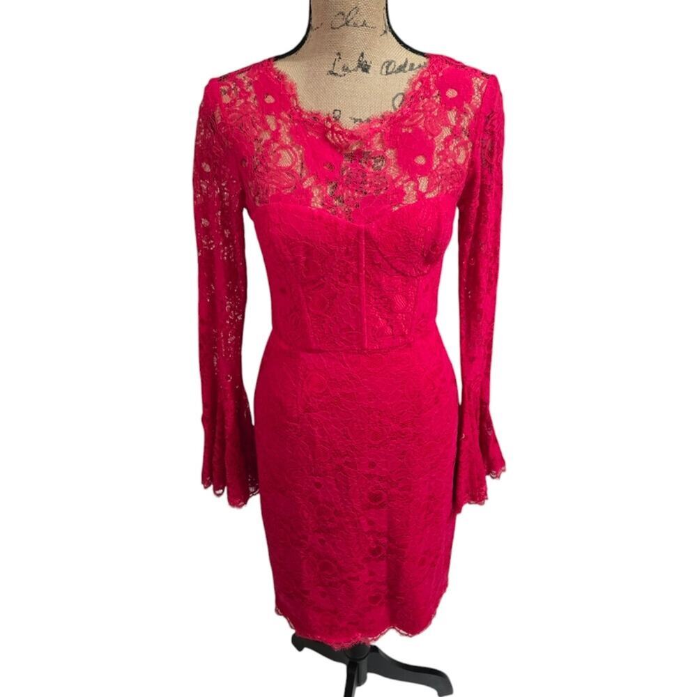 BCBGMaxAzria Hot Pink BarbieCore Lace Bell Sleeve V Back Party Dress Size 6